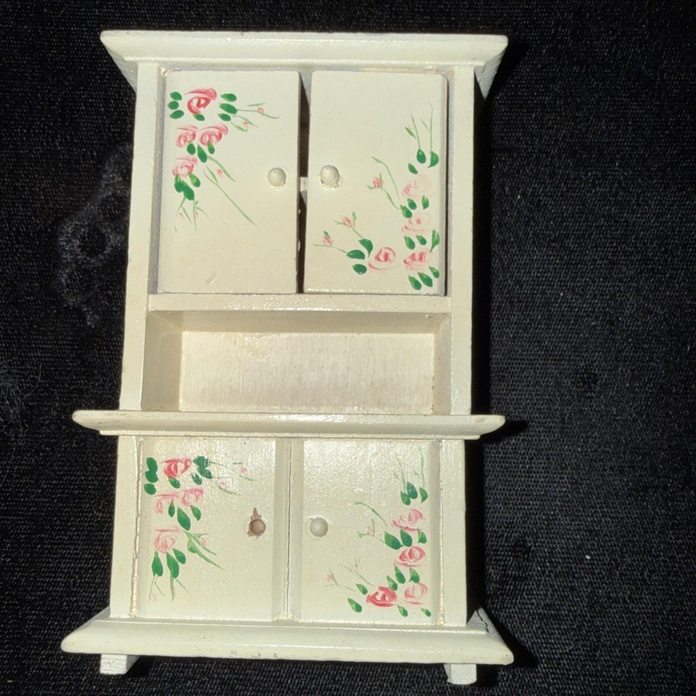 Vintage Dollhouse Wood Cabinet White with Pink Floral‎ 5389